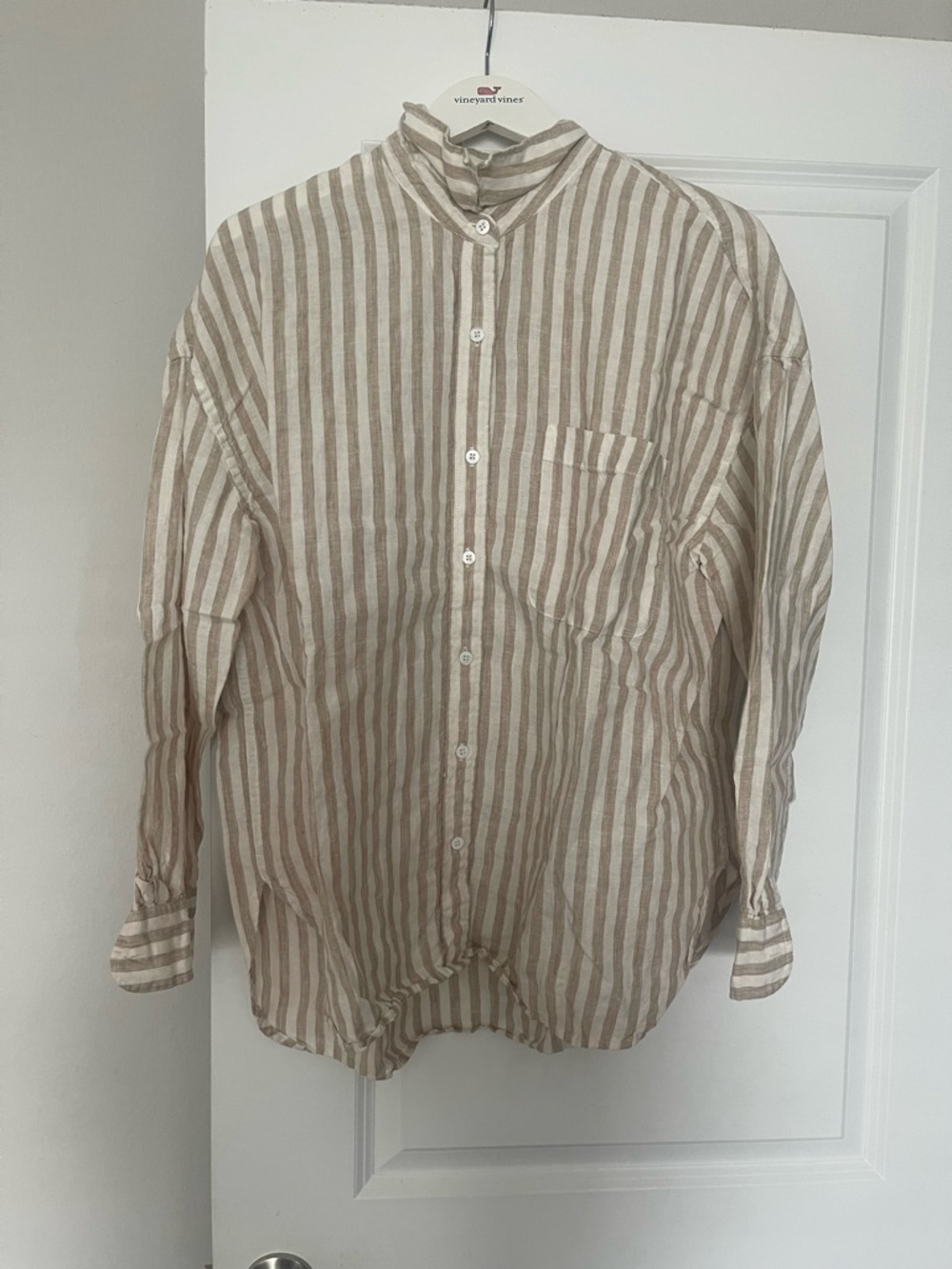 Faherty Beige and White Striped Band-Collar Button-Down